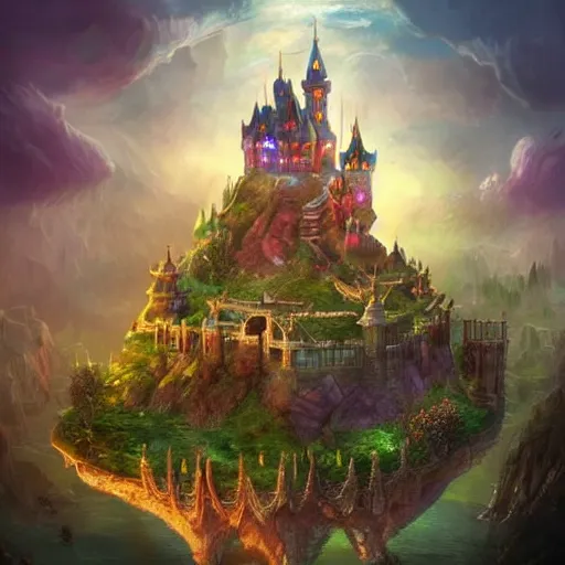 Image similar to A magical fantasy royal castle town that sits on a magnificent floating island; night scenery, trending on artstation, award winning digital art
