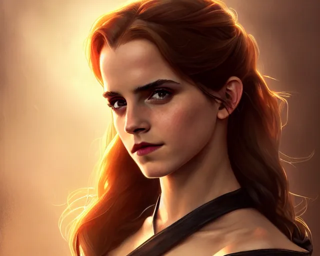 Image similar to photography of emma watson as black widow, deep focus, d & d, fantasy, intricate, elegant, highly detailed, digital painting, artstation, concept art, matte, sharp focus, illustration, hearthstone, art by artgerm and greg rutkowski and alphonse mucha