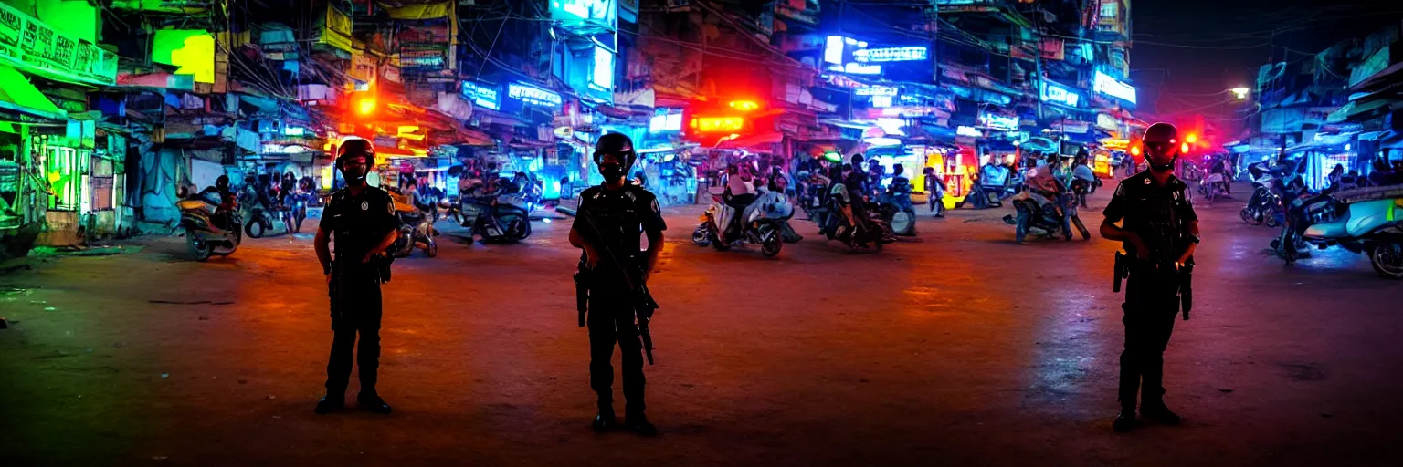 Prompt: Cyberpunk Police, futuristic Phnom-Penh Cambodia, neon dark lighting