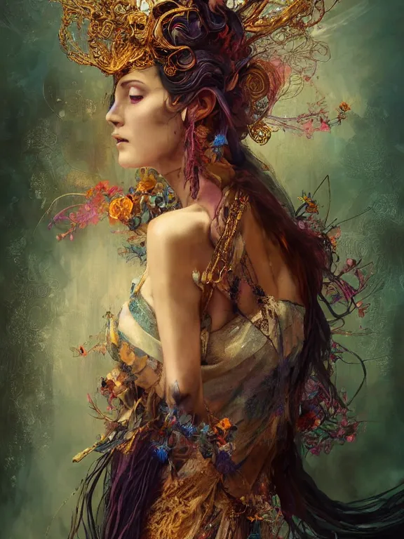 Prompt: Full view Bohemian Maiden Spirit of the woods in a beautiful dress, 4k digital illustration by Ruan Jia and Alberto Seveso, art nouveau iconography background, stunning portrait, amazing magnificent mystical illustration, award winning art, gold details, rim light, tarot card, intricate details, realistic, full view, Artstation, CGsociety