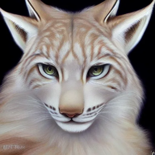 Prompt: beautiful realistic portrait of white anthropomorphic lynx by artgerm, furry fantasy art