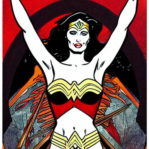 Image similar to angelina jolie as wonder woman, mucha style, symetrical art deco poster illustration highly detailed,