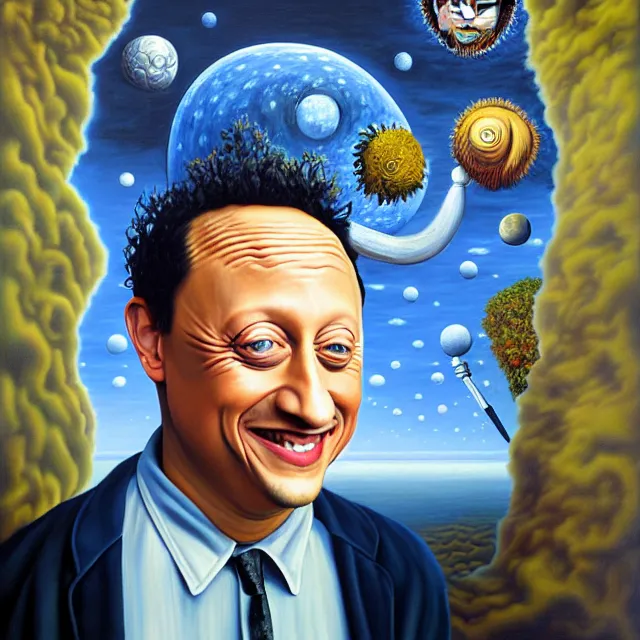 Image similar to an oil on canvas portrait painting of rob schneider, surrealism, surrealist, cosmic horror, rob gonsalves, high detail