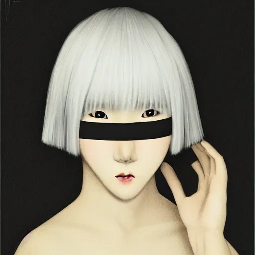 Prompt: a blindfolded young Japanese Korean woman with white hair in a bob cut, a character portrait by Bernardino Mei, featured on cgsociety, anime aesthetic, vanitas, gothic, goth, elegant, 35mm f1/8 photograph