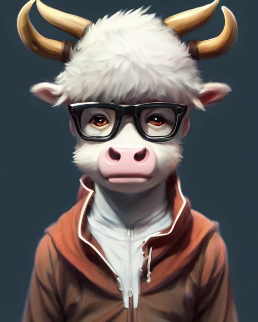 Prompt: character concept art of a cute young male anthropomorphic furry cow | | cute - fine - face, pretty face, key visual, realistic shaded perfect face, fine details by stanley artgerm lau, wlop, rossdraws, james jean, andrei riabovitchev, marc simonetti, and sakimichan, trending on artstation