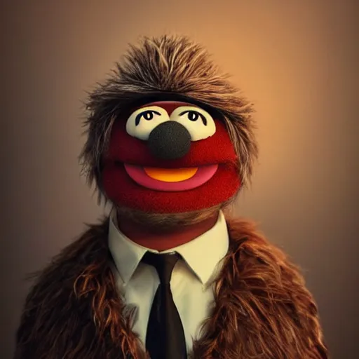 Image similar to a still of a forgotten muppet character looking very manly and modern, hilarious, laughing, hairy chest, huge chin, manly monster tough guy, roughled fur, photo real, photographic, photograph, artstation, trending, featured