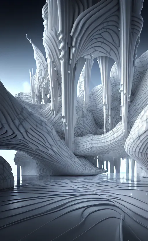 Prompt: highly detailed 3 d render cinematic composition of a white fluid fractal sci - fi surreal architecture landscape, marble, stone, magnesium, archviz, vincent callebaut composition, mamou - mani, beautiful lighting, hyper detailed, 8 k, unreal engine, hdr, dof