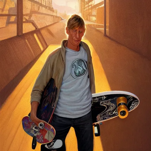 Image similar to clear portrait of tony hawk holding a skateboard, golden hour background, cottagecore!!, hyper detailed, character concept, full body, dynamic pose, intricate, elegant, highly detailed, digital painting, artstation, concept art, smooth, sharp focus, illustration, art by artgerm and greg rutkowski and alphonse mucha