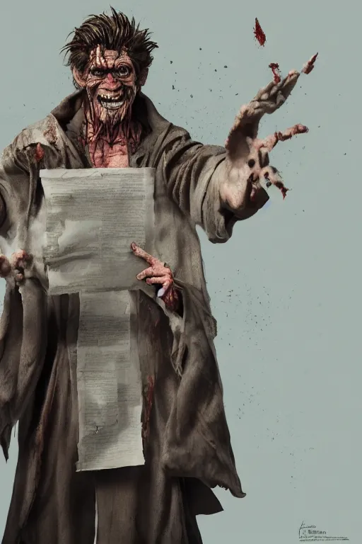 Image similar to A deranged filthy man looking like Willem Dafoe wearing long dark damaged ripped robes holding a magic paper scroll, long fingernails, unclipped fingernails, sharp fingernails, focus on face, sharp focus, digital painting, trending on artstation, concept art, fantasy, medieval, D&D