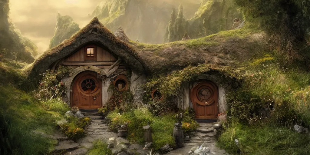 Image similar to The house of the Hobbit Bilbo Baggins, highly detailed, digital painting, artstation, concept art, smooth, sharp focus ilustration, Artstation HQ