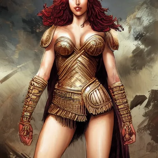 Prompt: greek amazon warrior, a tall beautiful woman with bronzed skin and short red hair, dressed in hellenistic body armour, intricate, elegant, highly detailed, smooth, sharp focus, detailed face, high contrast, graphic novel, art by ardian syaf,