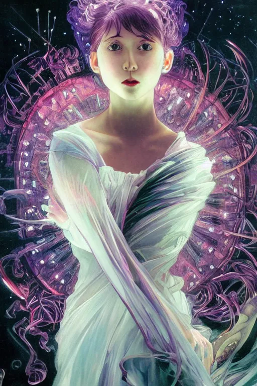 Image similar to she dreams of arcs of purple flame intertwined with glowing sparks, glinting particles of ice, dramatic lighting, steampunk, secret holographic cyphers, red flowers, bright neon solar flares, high contrast, smooth, sharp focus, art nouveau, painting by Caravaggio and Ayami Kojima and ruan jia and greg rutkowski and Alphonse Mucha