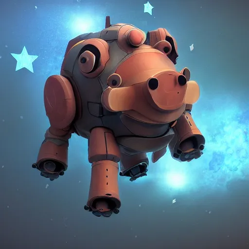 Image similar to 3D Fantasy Cute and adorable mecha piggy floating in space, bright stars, Smooth 3D Illustration, soft render, Servando Lupini, Daniil Kudriavtsev, handpaint texture, Blender, 3DCoat