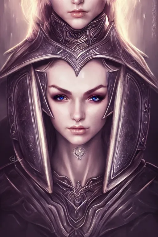 Image similar to head and shoulders portrait of an eldritch knight, elf, beautiful, female, breastplate, magical, high fantasy, d & d, by artgerm, face details, extremely detailed, vogue fashion photo