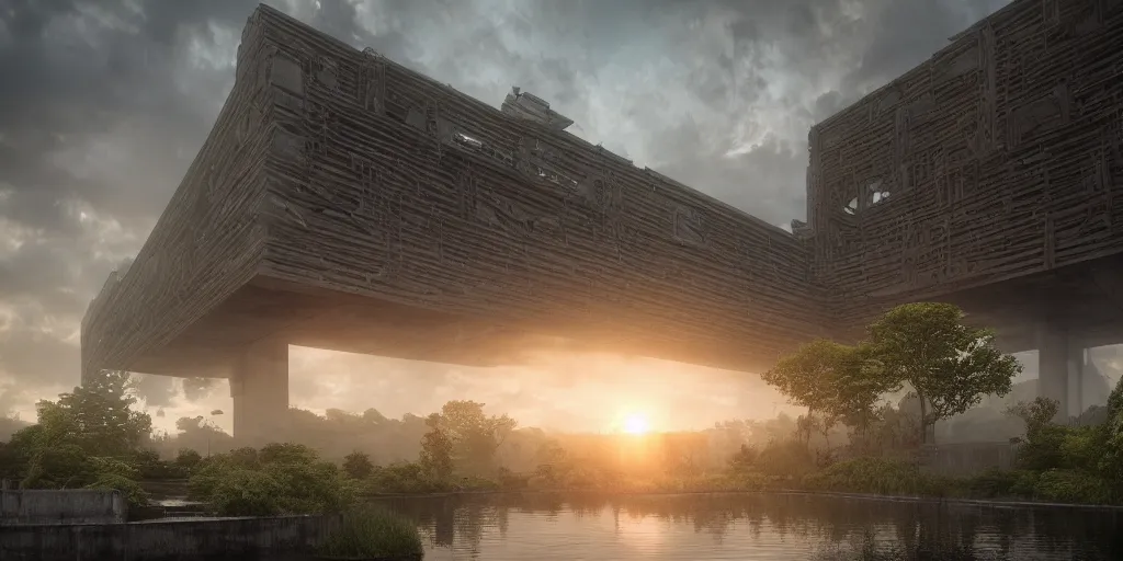 Image similar to a stunningly detailed cathedral of brutalist architecture, surrounded by lush green forest, ponds of water, stunning volumetric lighting, sunset, metal, concrete, stunning skies, trending on Artstation, 8k, photorealistic, hyper detailed, unreal engine 5, IMAX quality, cinematic, epic lighting, in the style of Greg Rutkowski