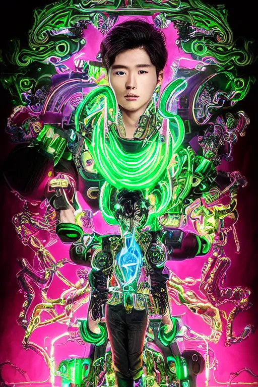 Image similar to full-body bladerunner neon baroque style sculpture of a young handsome Korean prince as a half cibernetic android with a chest opening exposing circuitry and electric sparks, glowing laser beam eyes, crown of giant neon diamonds, flowing neon green colored silk, fabric, raptors. baroque elements. full-length view. mechanical gear neon flowers. intricate artwork by caravaggio. black screen panel for a face. Trending on artstation, octane render, cinematic lighting from the right, hyper realism, octane render, 8k, depth of field, 3D