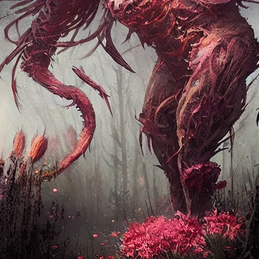 Image similar to a beautiful terrifying monster made out of flowers. ethereal horror fantasy art by greg rutkowski