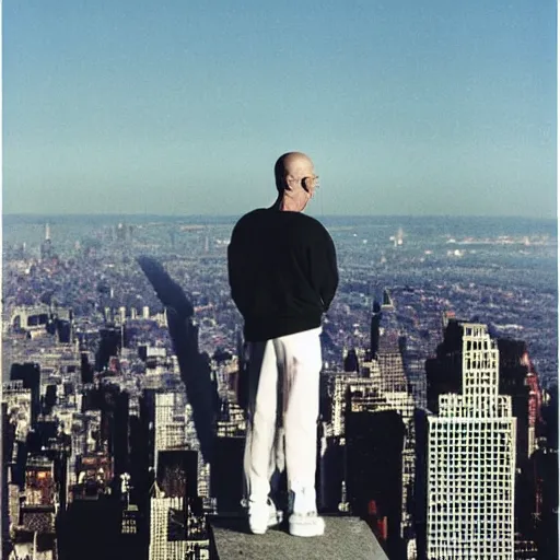 Image similar to walter white from back sitting on chair standing on top of the empire state building strong stance photo by annie leibovitz 8 0 mm lens bokeh