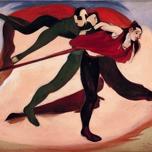 Image similar to by frank miller, by zinaida serebriakova maroon soothing. a performance art of two people, one a demon & the other a human, fighting each other with swords.