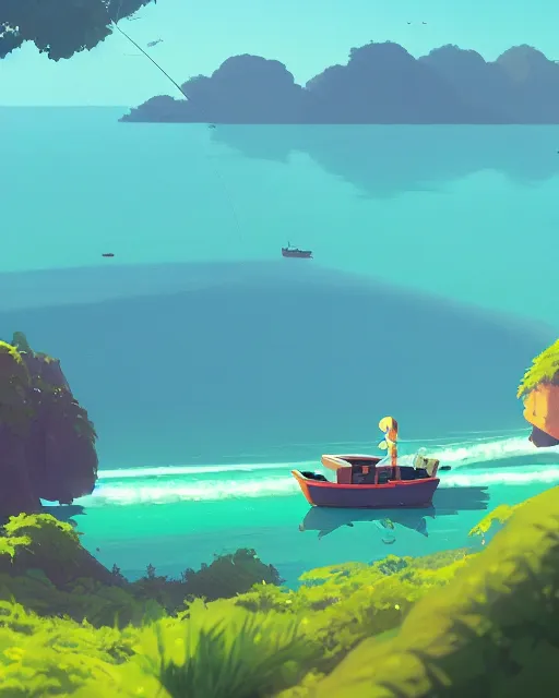 Image similar to small fishing boats around turtle shaped island, lush vegetation, azure water, glowing light, cory loftis, james gilleard, atey ghailan, makoto shinkai, goro fujita, studio ghibli, rim light, exquisite lighting, clear focus, very coherent, plain background, soft painting