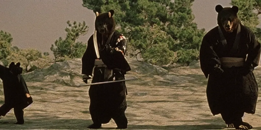 Image similar to scene from Shogun’s Shadow, 1989, movie still, cinematic, anthropomorphic, half man half asian black bear, black bear samurai, Moon Bear Samurai, epic, samurai