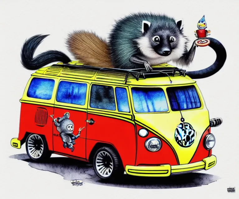 Image similar to cute and funny, binturong driving a tiny hot rod vw camper van with an oversized engine, ratfink style by ed roth, centered award winning watercolor pen illustration, isometric illustration by chihiro iwasaki, edited by craola, tiny details by artgerm and watercolor girl, symmetrically isometrically centered