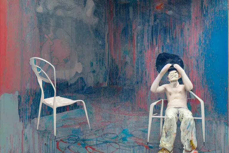 Prompt: portrait of a morphed painter sitting in a chair contemplating, art by james jean and luc tuymans and vincent lefevre and hernan bas and pat steir and hilma af klint, psychological, dripping paint, high quality render, cg society contest winner, retrofuturism, masterpiece