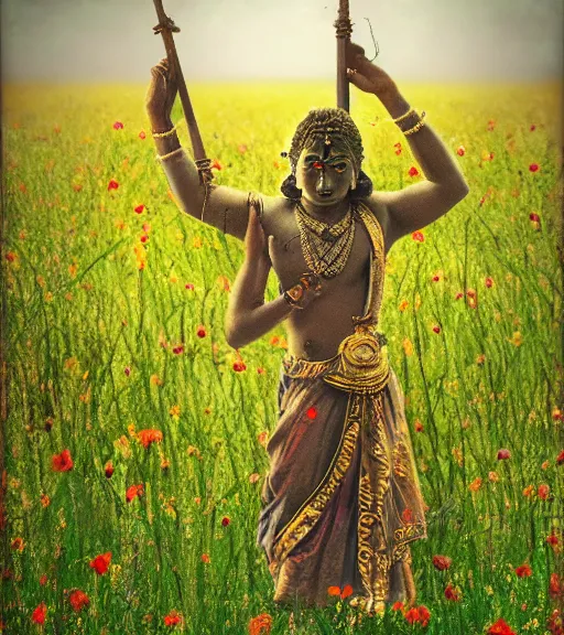 Image similar to mystical hindu god kaali standing in tall meadow of flowers, distant, ww1 film photo, grainy, high detail, high resolution