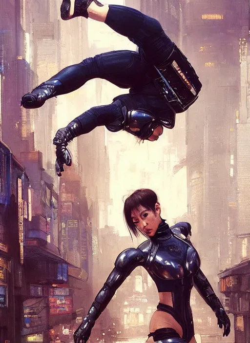 Prompt: chun li doing backflip. cyberpunk police trooper in a military vest ( blade runner 2 0 4 9, cyberpunk 2 0 7 7 ). orientalist portrait by john william waterhouse and james gurney and theodore ralli and nasreddine dinet, oil on canvas. cinematic, hyper realism, realistic proportions, dramatic lighting, high detail 4 k