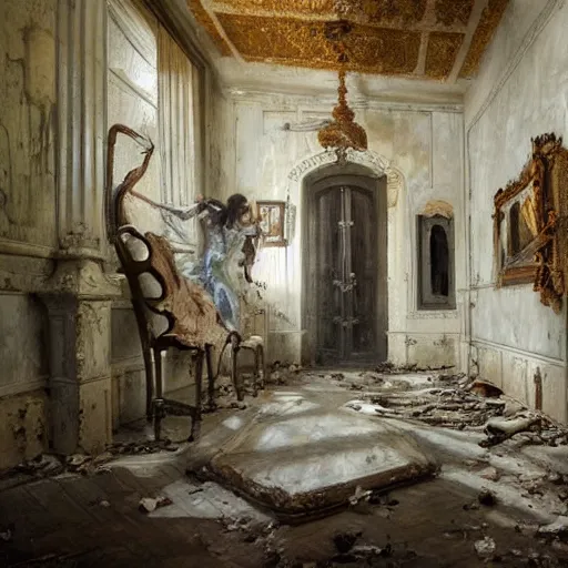 Prompt: Entry hall of an old scary villa, furniture falling apart, oil painting, by Fernanda Suarez and Edgar Maxence and greg rutkowski