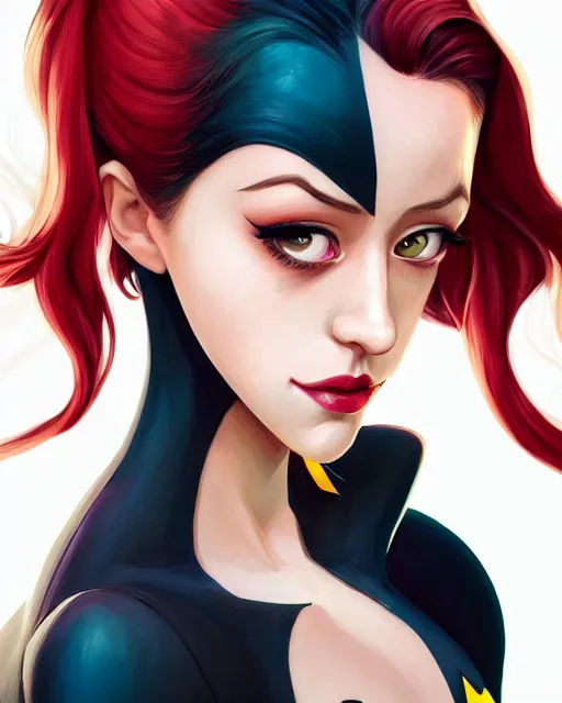 Prompt: a portrait of Lili Reinhart Batgirl comics, red hair, art by lois van baarle and loish and ross tran and rossdraws and sam yang and samdoesarts and artgerm, Joshua Middleton, symmetrical eyes, digital art, highly detailed, intricate, sharp focus, Trending on Artstation HQ, deviantart, unreal engine 5, 4K UHD image