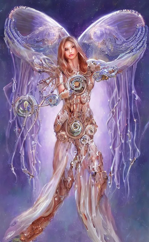 Prompt: Cyborg biomechanical jellyfish angel female. By Konstantin Razumov, highly detailded