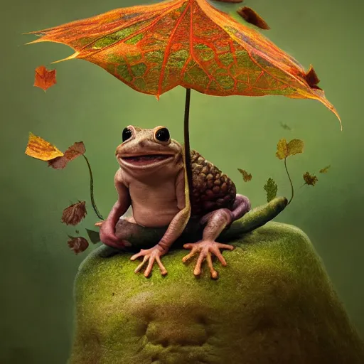 Image similar to funny long shot of a crazy toad baby sitting in a leaf cup, by esao andrews, by m. w. kaluta, ultra humorous illustration, small depth of field, perspective perception, volumetric light, psychedelic colors, 3 d octane render, 8 k, conceptart, hyperdetailed, hyperrealistic, trending on artstation