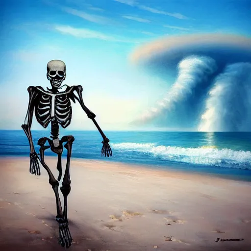 Prompt: (((Beautiful digital painting portrait))) of relaxed skeleton walking on the tropical beach!!! with nuclear bomb explosion in the background!!!, by James Gurney, high quality, trending on Artstation, realistic, tropical color scheme, anatomically correct skeleton, high coherence, blue sky