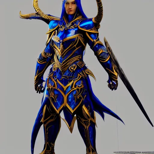 Image similar to ancient hybrid majestic elf warrior dark blue and gold heavy armor concept art, intricate artwork masterpiece, very coherent artwork, cinematic, very coherent artwork, trending on cg society, ultra high quality model, production quality cinema model, high detail , octane render, hyper realism, high detail, octane render, High contrast, highly detailed