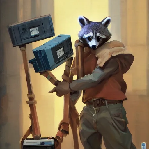 Image similar to greg manchess painting of a trash panda character, holding a box of cables and standing next to old electronic equiptment, medium shot, asymmetrical, profile picture, organic painting, sunny day, matte painting, bold shapes, hard edges, street art, trending on artstation, by huang guangjian and gil elvgren and sachin teng