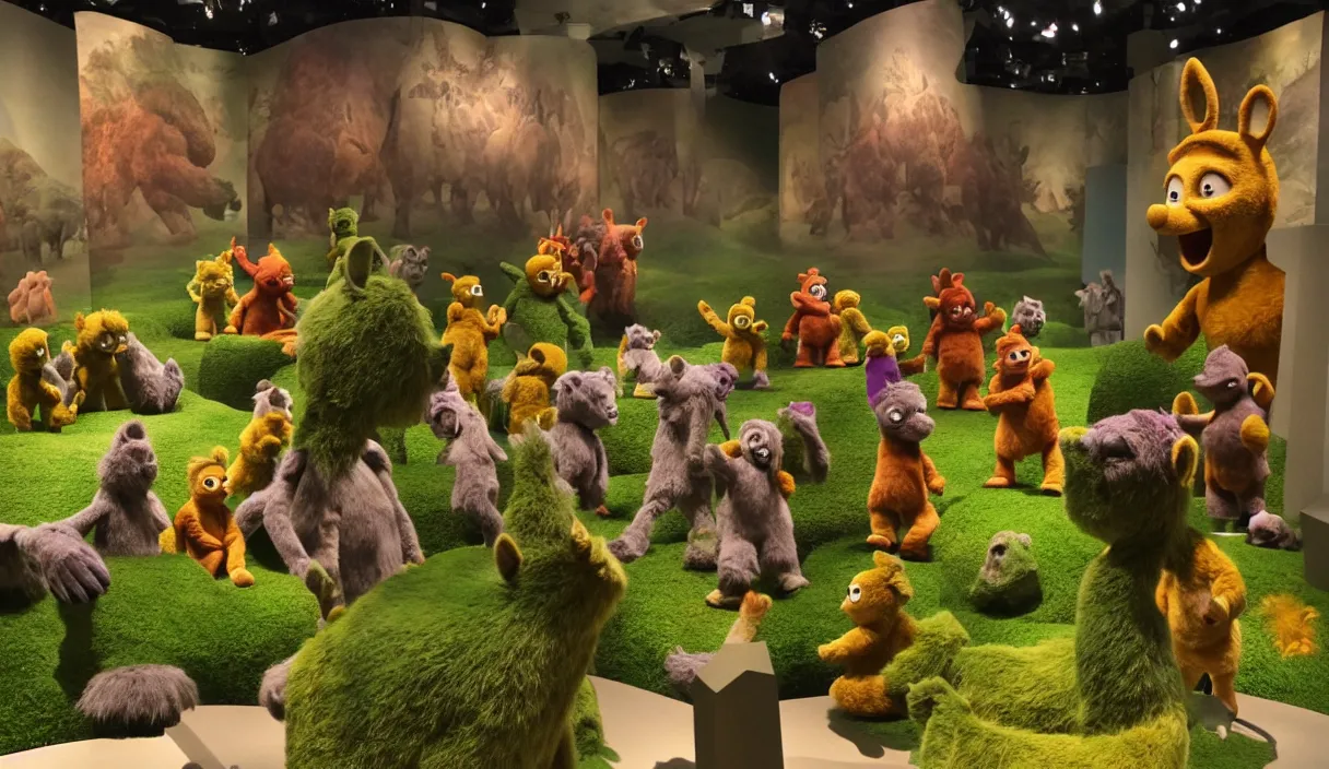 Image similar to diorama at the american museum of natural history, new york, of teletubbies as furry animals