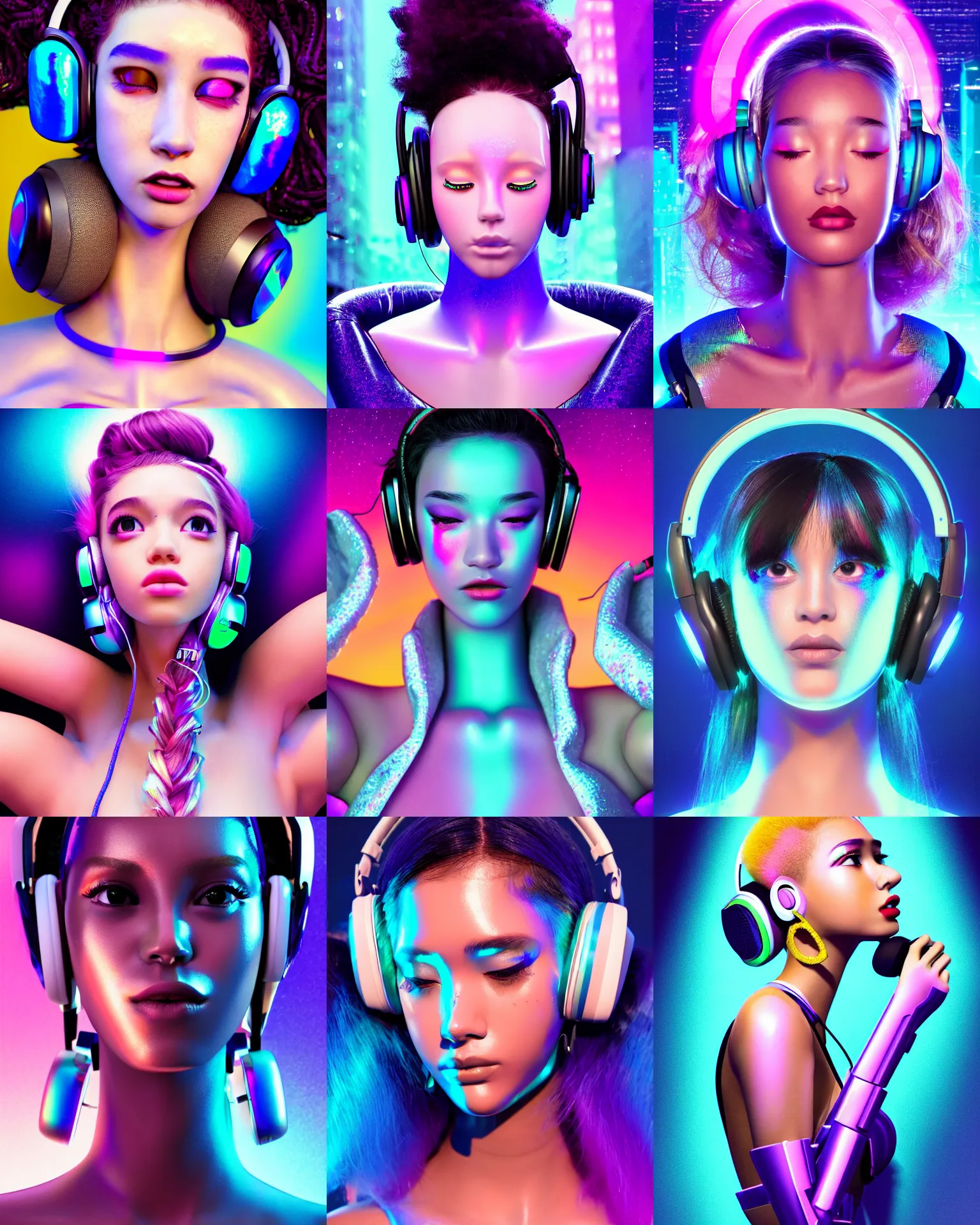 Prompt: BOTS movie poster body portrait fashion pose :: of a pearlescent iridescent college teen cyborg on a crowded packed nyc sidewalk, high-fashion photoshoot, hair worn up, elaborate earrings, headphones, cute rave outfit, :: octane render, morning, trending on artstation, cinematic lighting, anime girl, ue5, sci-fi, :: rossdraws, nixri, gui guimaraes, Greg rutkowski, :: Madison beer, ::