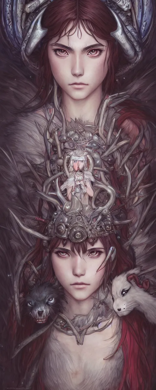 Image similar to emotional and moody princess mononoke full body portrait, dark fantasy studio ghibli , closeup, D&D, fantasy, intricate, elegant, highly detailed, digital painting, artstation, concept art, matte, sharp focus, illustration, art by Artgerm and Ayami Kojima and Tom Bagshaw and Greg Rutkowski and Alphonse Mucha