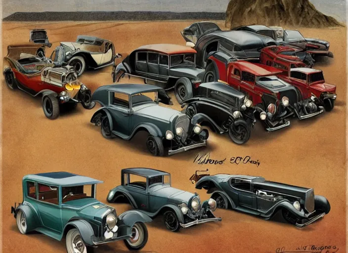 Image similar to 1 9 2 9 cars, lowbrow, matte painting, 3 - d highly detailed, in the style of michael irvine,