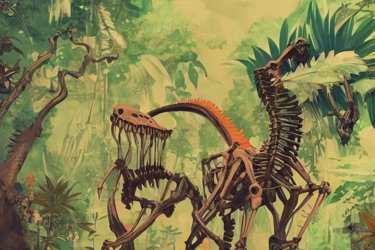 Image similar to 2 d gouache illustration, a lot of exotic vegetation, trees, tremendous skeletal robotic ancient dinosaur, flowers, oldschool vintage sci - fi flat surreal design, super - detailed, painting by satoshi kon, hd, 4 k, high quality