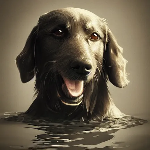 Image similar to dog in the water, stylized, artgerm, artstation, hd, cgsociety, cgi, realistic, dramatic, cinematic, artistic, trending, detailed