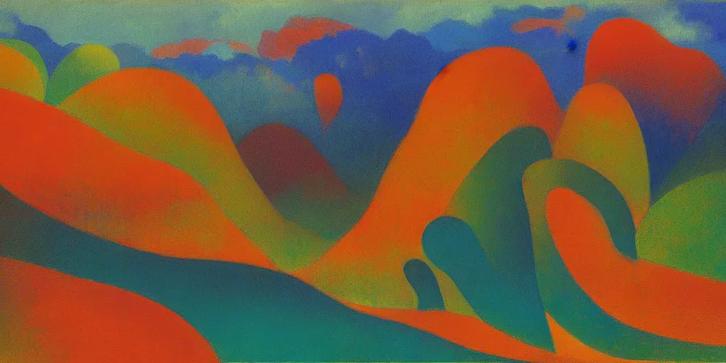 Image similar to An insane, modernist landscape painting. Wild energy patterns rippling in all directions. Curves, organic, zig-zags. Mountains, clouds. Rushing water. Waves. Psychedelic dream world. Odilon Redon. Alex Katz.