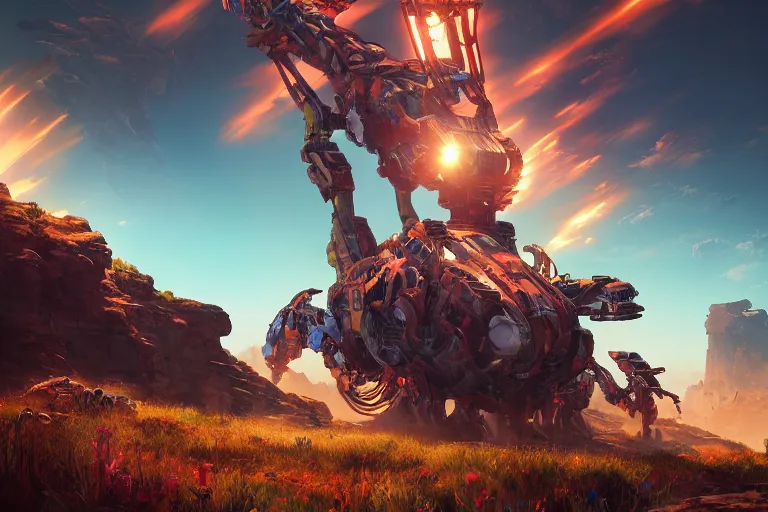 Image similar to rockbreaker machine mecanical creature robot of horizon forbidden west horizon zero dawn radiating a glowing aura global illumination ray tracing hdr fanart arstation by ian pesty and alena aenami artworks in 4 k