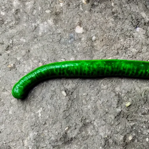 Prompt: long green Sausage with eyes and fangs and with scales