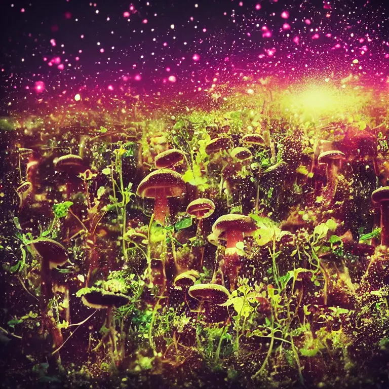 Image similar to double exposure of dally life, symbols of live, explosion, different sprouts and microgreens on mushrooms, cyber mushroom city, mushroom matrix, love is the most relevant theme, 8 k resolution, artistic mode, artistic, trending on instagram, long exposure, love art, serious, fantasy and dreams vibes, mushrooms style and macro style, spring vibes in twilight or sunset lights