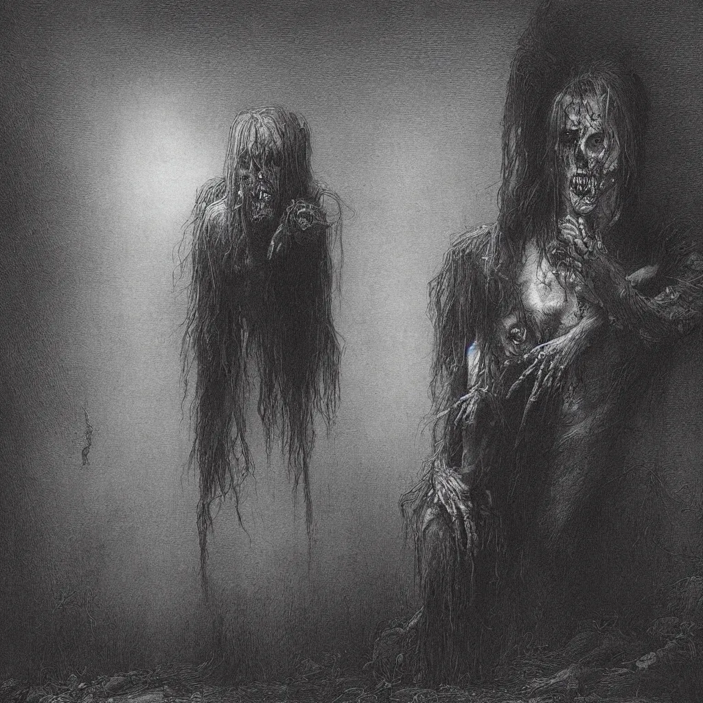 Image similar to mid - level portrait of a zombie, creepy atmosphere, dark, portrait, realistic, very realistic, illustration by gustave dore