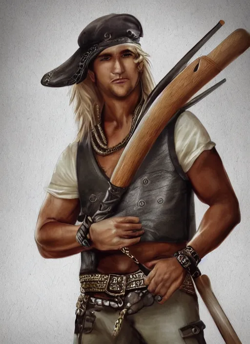 Image similar to a male ranger, dnd, wearing a leather vest and white linen pants, puka shell necklace, long swept back blond hair, with a bongo drum and nunchucks, chiseled good looks, digital art