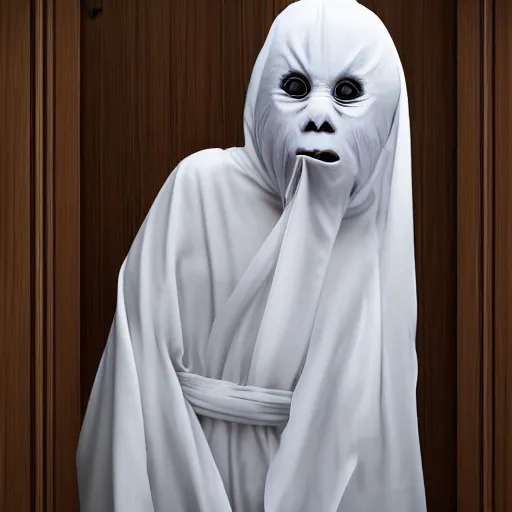 Image similar to detailed photorealistic a pocong in bathroom. in the style of horror photograph