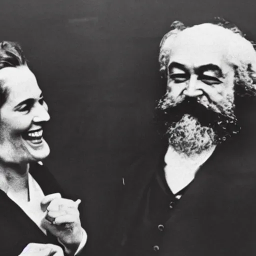 Image similar to Karl Marx und Ayn Rand laughing, photo 1960, Restaurant backround